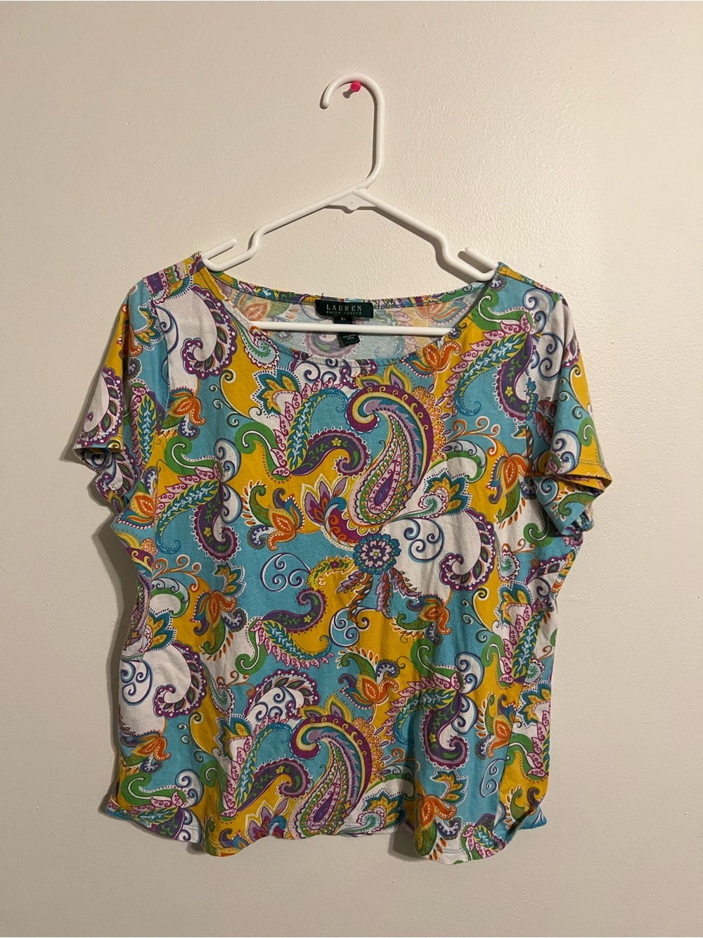 Ralph Lauren Women's Blue Floral Paisley Short Sleeve Shirt Size XL Cotton Top